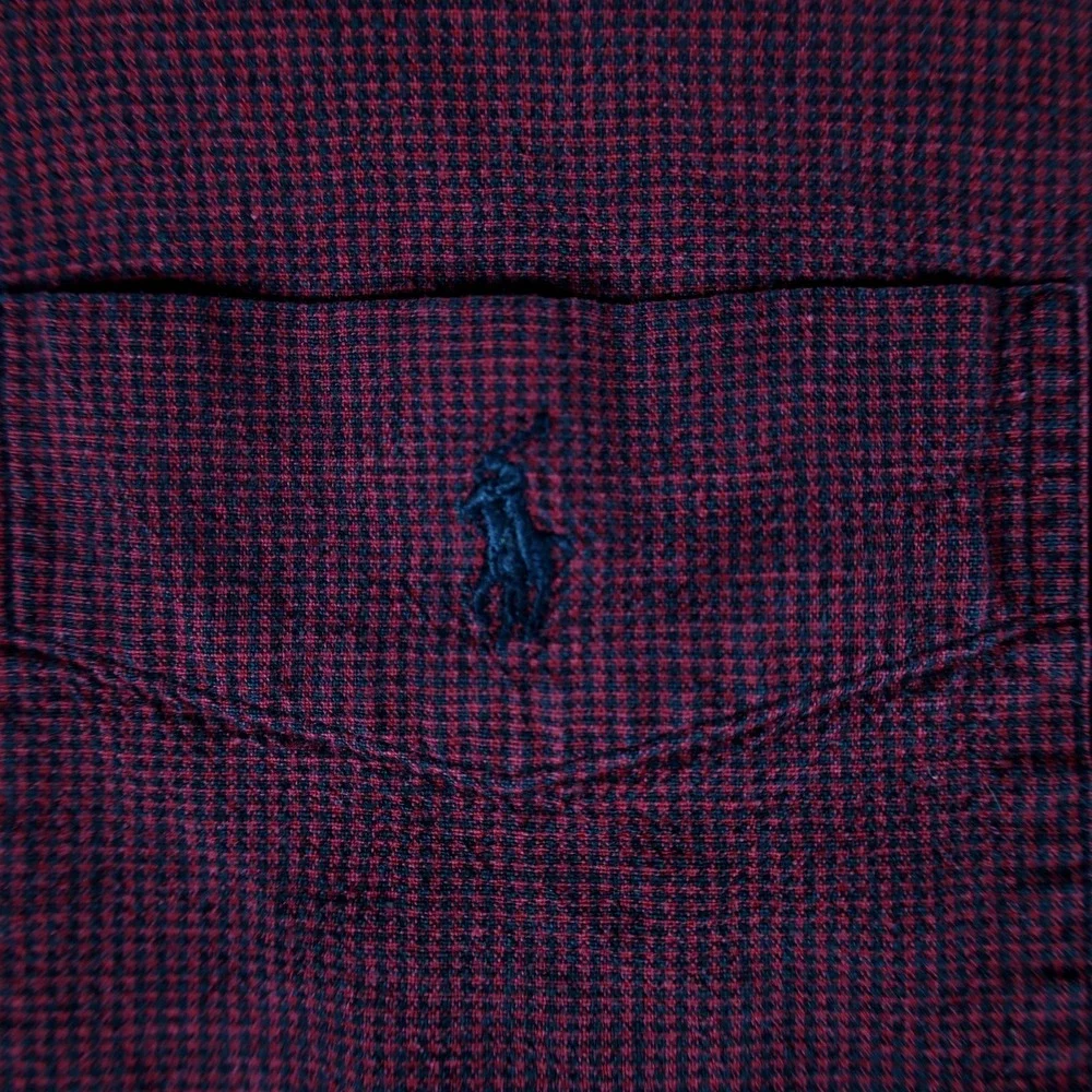 Vintage Polo Ralph Lauren Mens Large Red Navy Check Cotton Linen Button Shirt